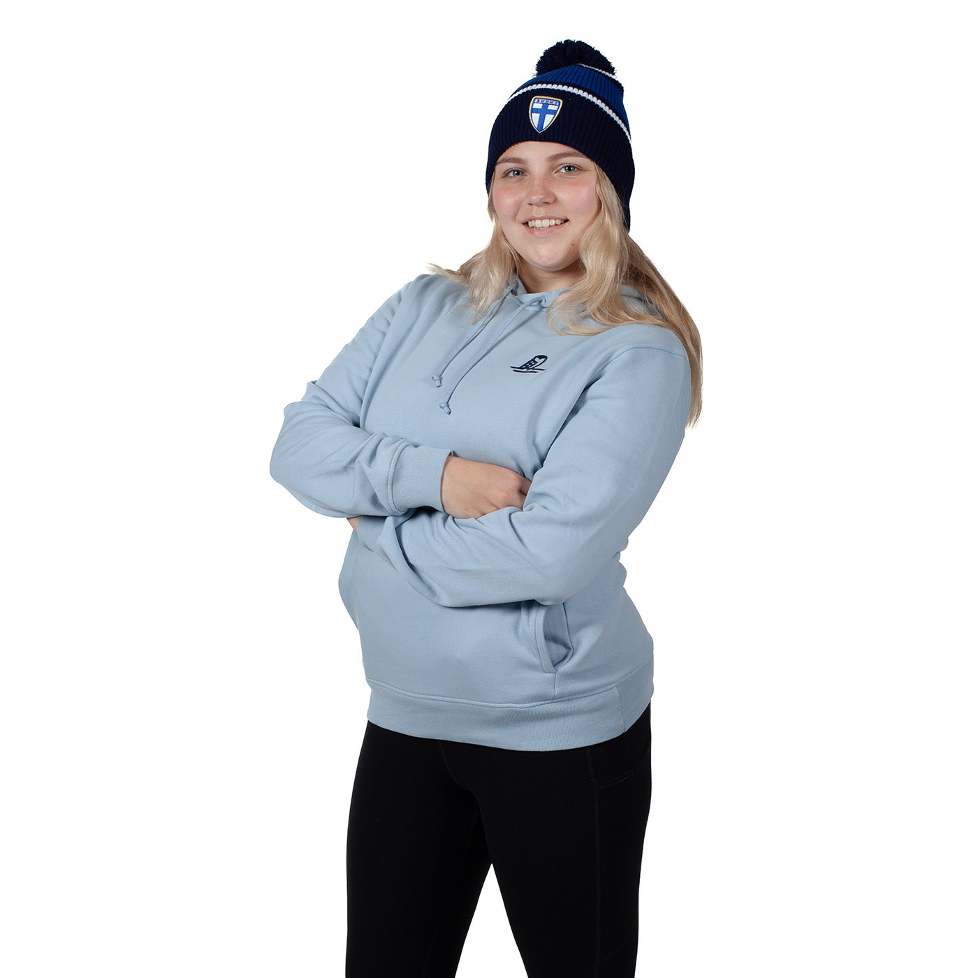 Helmi-huppari sininen. Huppari, jonka rinnassa komeilee Helmipöllö-logo. Helmareiden virallinen fanituote. Suomen jalkapallomaajoukkueen fanituote.