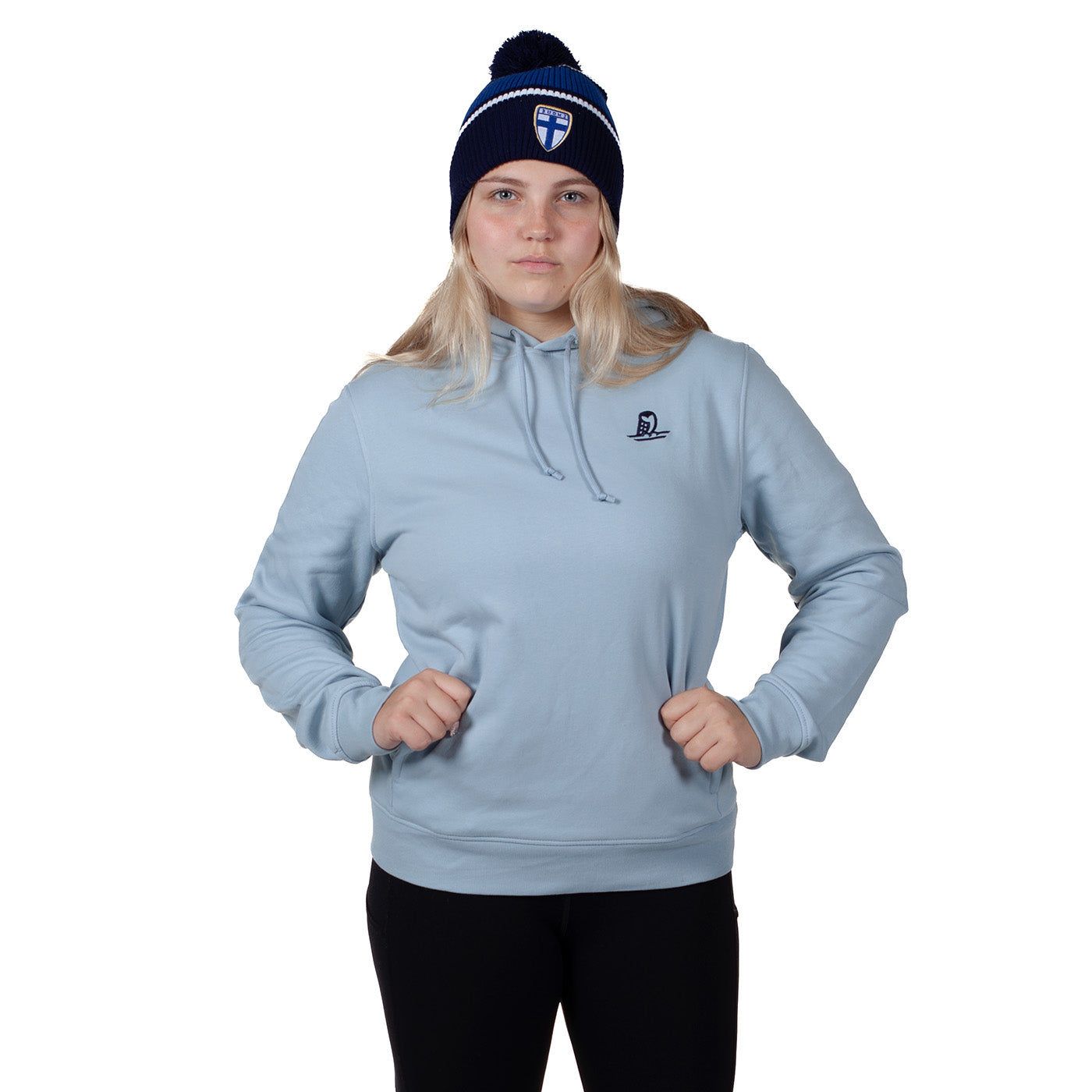 Helmi-huppari sininen. Huppari, jonka rinnassa komeilee Helmipöllö-logo. Helmareiden virallinen fanituote. Suomen jalkapallomaajoukkueen fanituote.