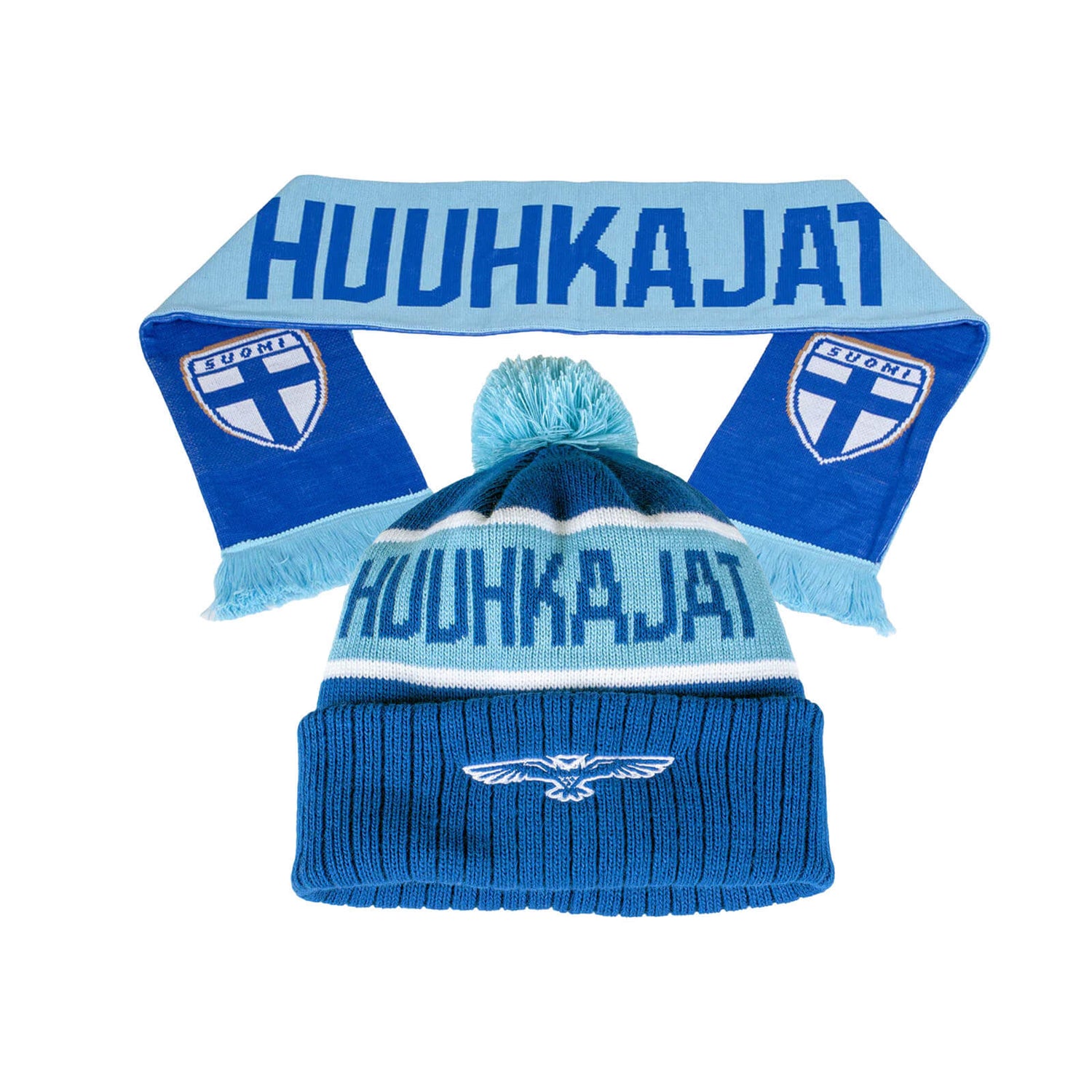 Huuhkajat tupsupipo ja kaulahuivi, Vaaleansininen, Tuotesetti