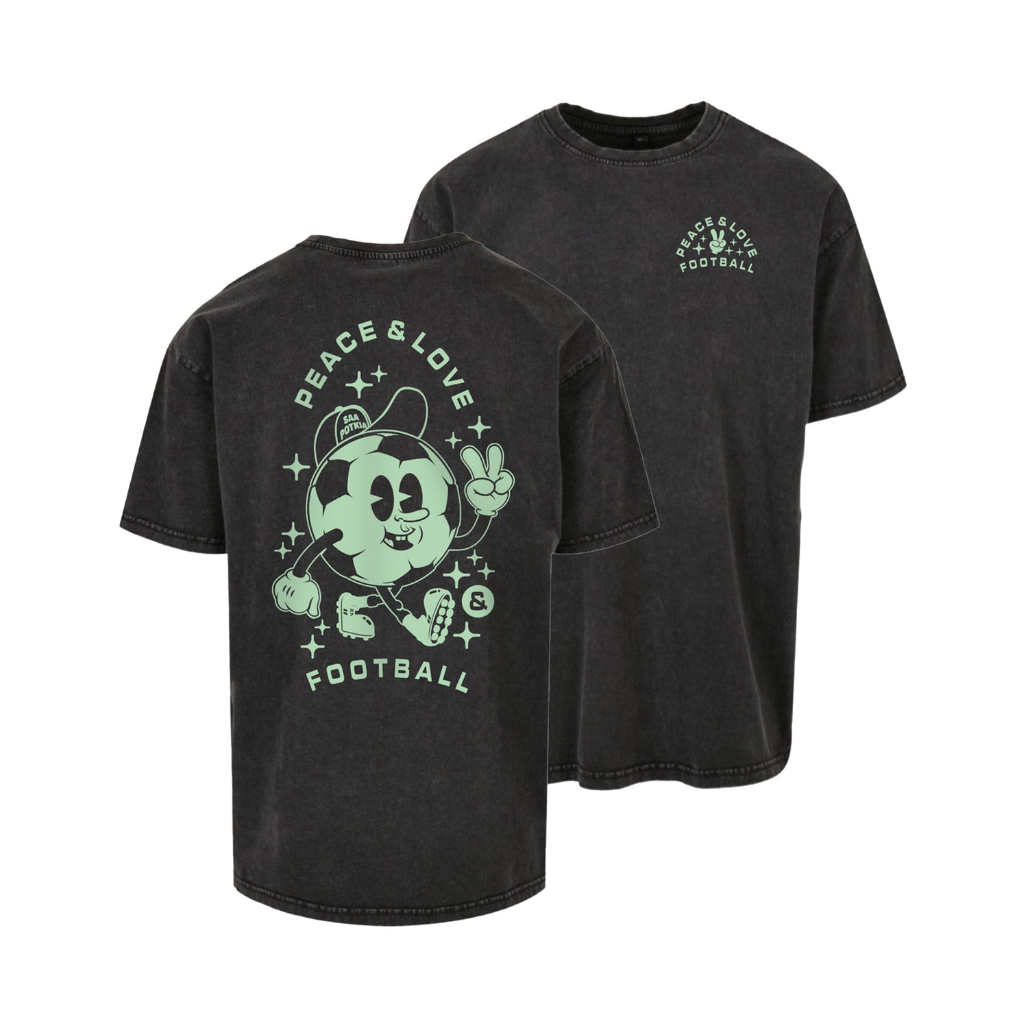 Peace Love & Football Green Washed Oversize t-paita, Musta