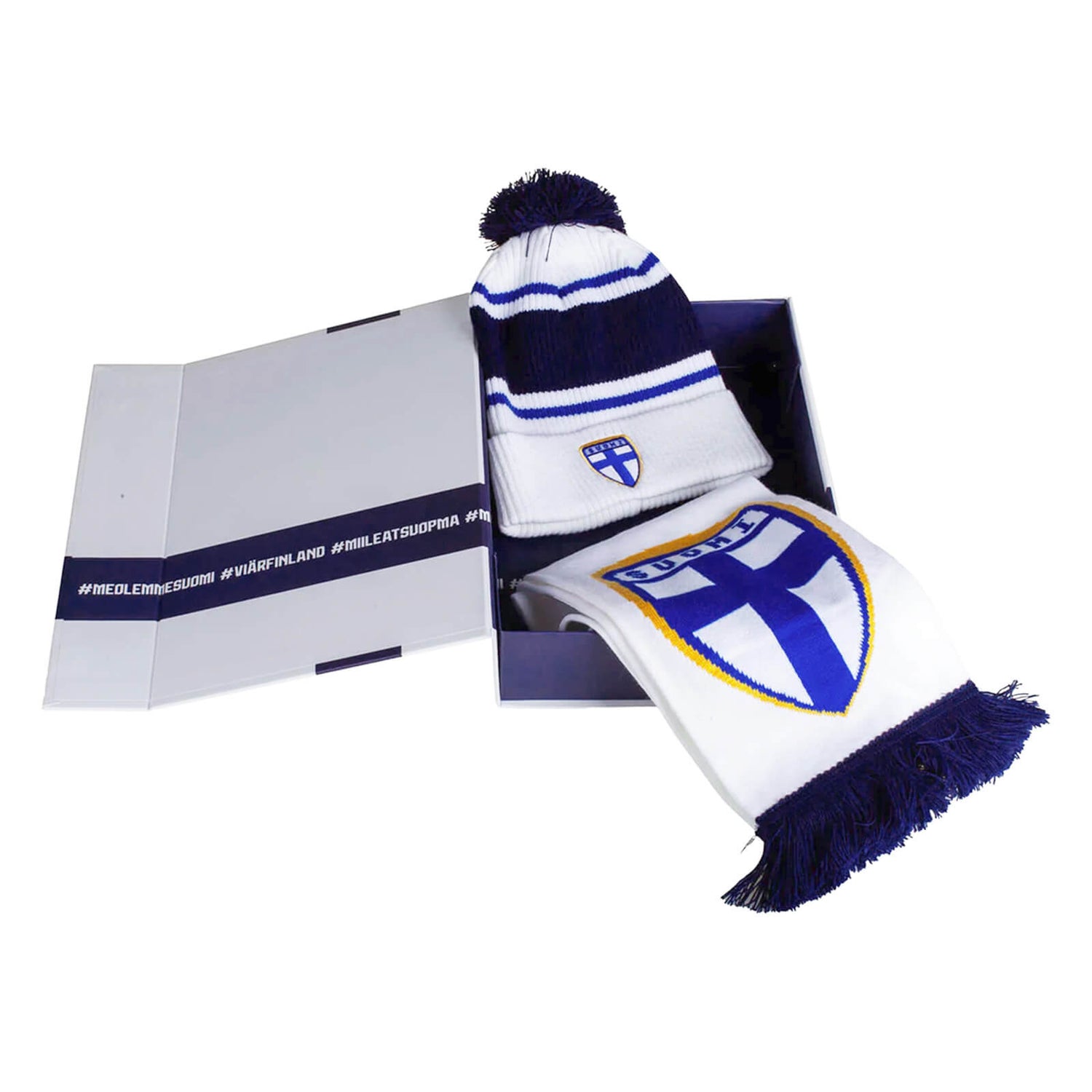 Maajoukkue kaulahuivi ja tupsupipo lahjalaatikko