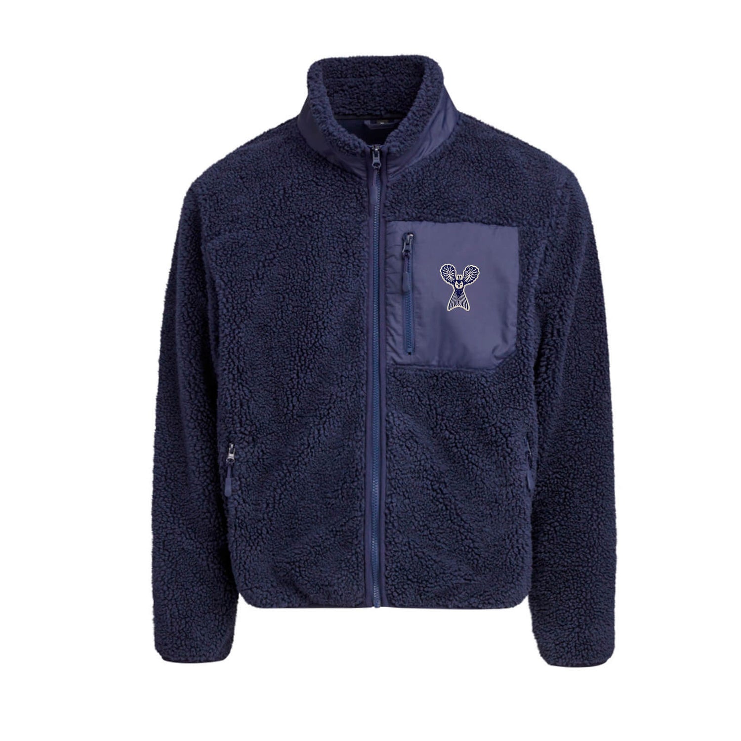 Embroidered Little Owl by Klaus Haapaniemi Sherpa fleece jacket, Navy