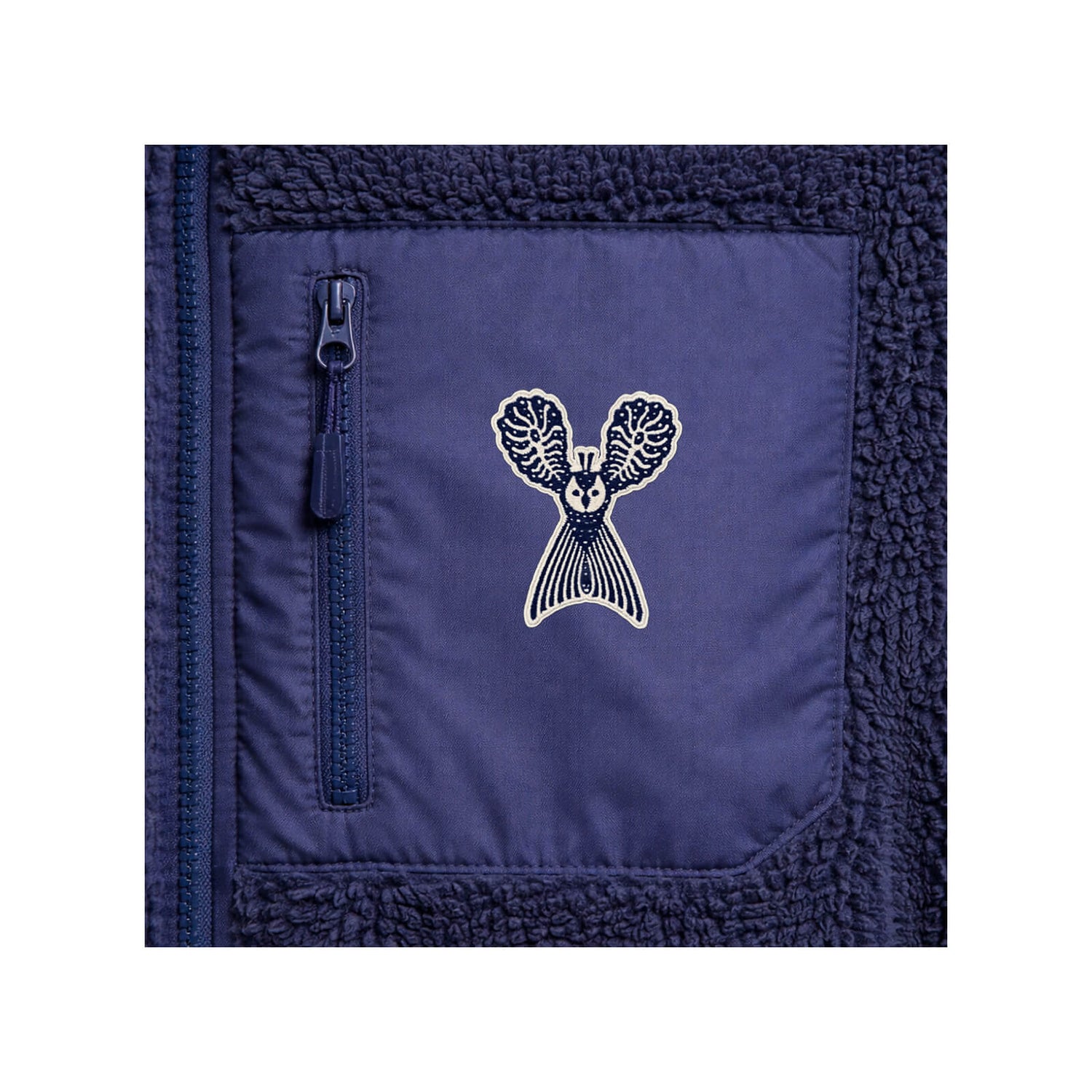 Embroidered Little Owl by Klaus Haapaniemi Sherpa fleece jacket, Navy