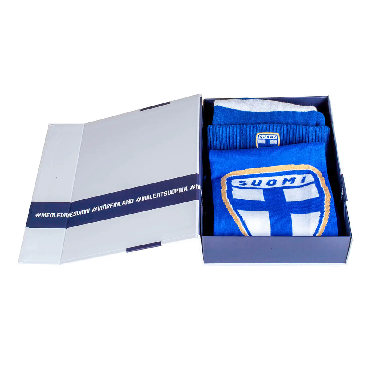 Suomi kaulahuivi ja tupsupipo lahjalaatikko