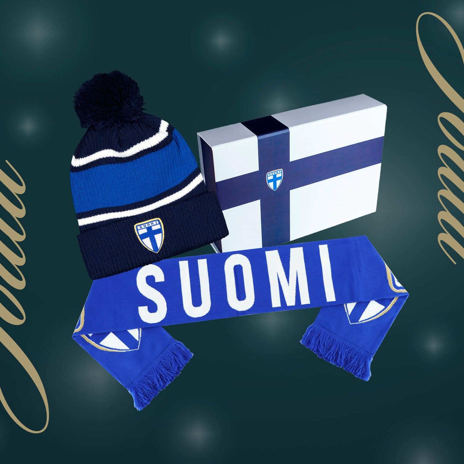 Suomi kaulahuivi ja tupsupipo lahjalaatikko