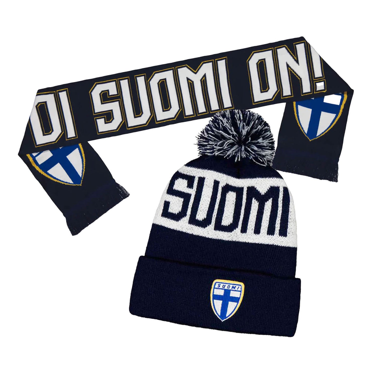Oi Suomi on! Kaulahuivi ja tupsupipo, Tummansininen, Tuotesetti
