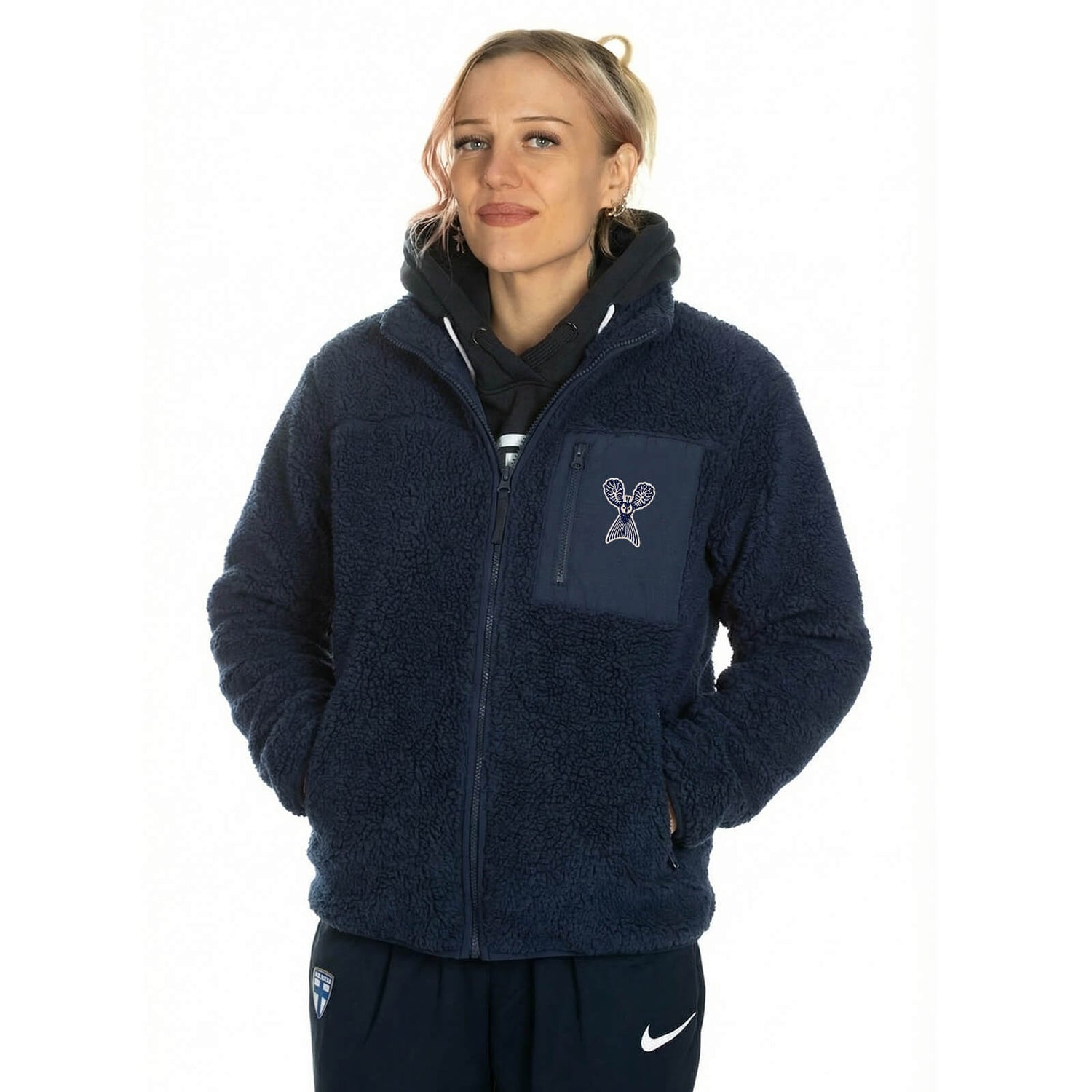 Embroidered Little Owl by Klaus Haapaniemi Sherpa fleece jacket, Navy