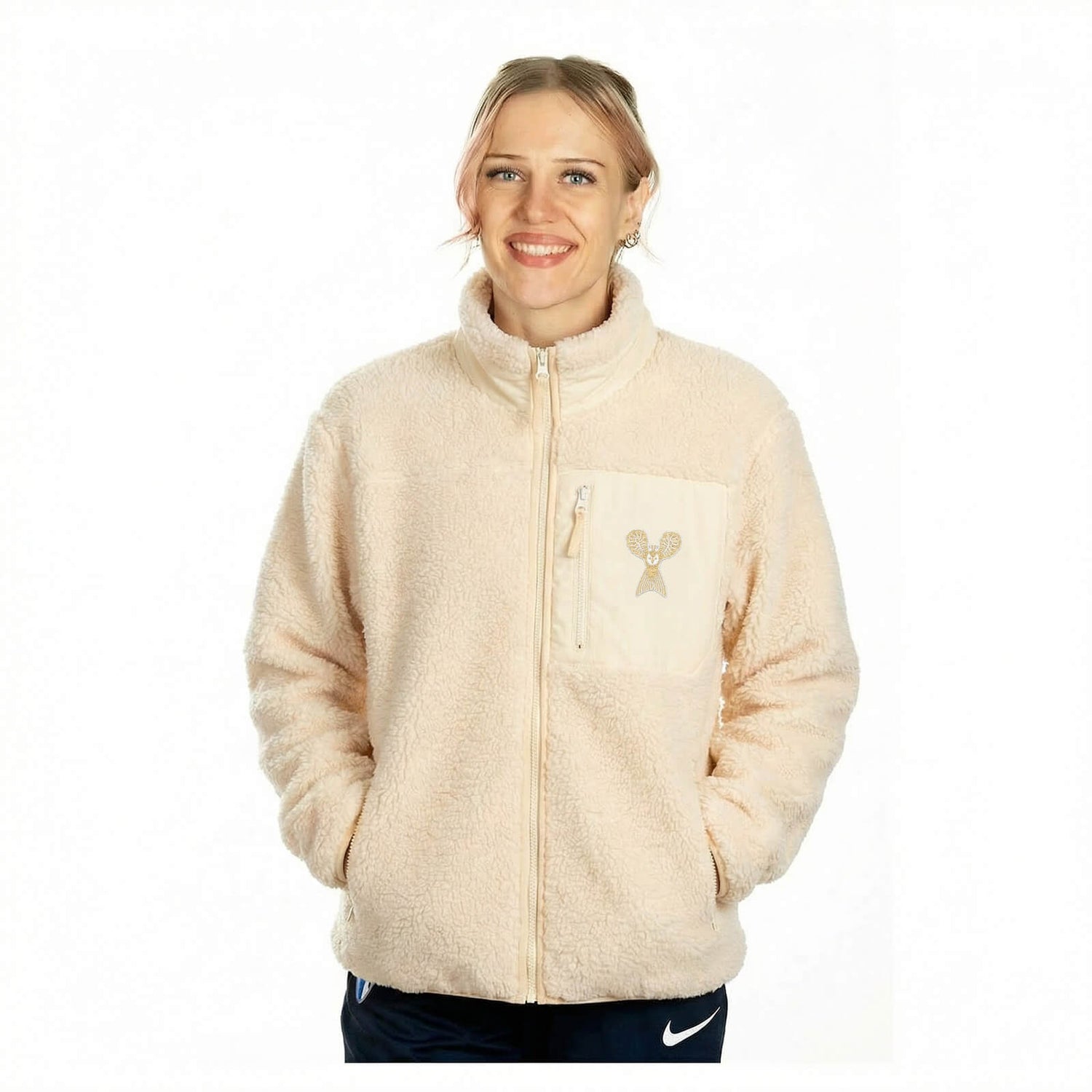 Embroidered Little Owl by Klaus Haapaniemi Sherpa fleece jacket, White