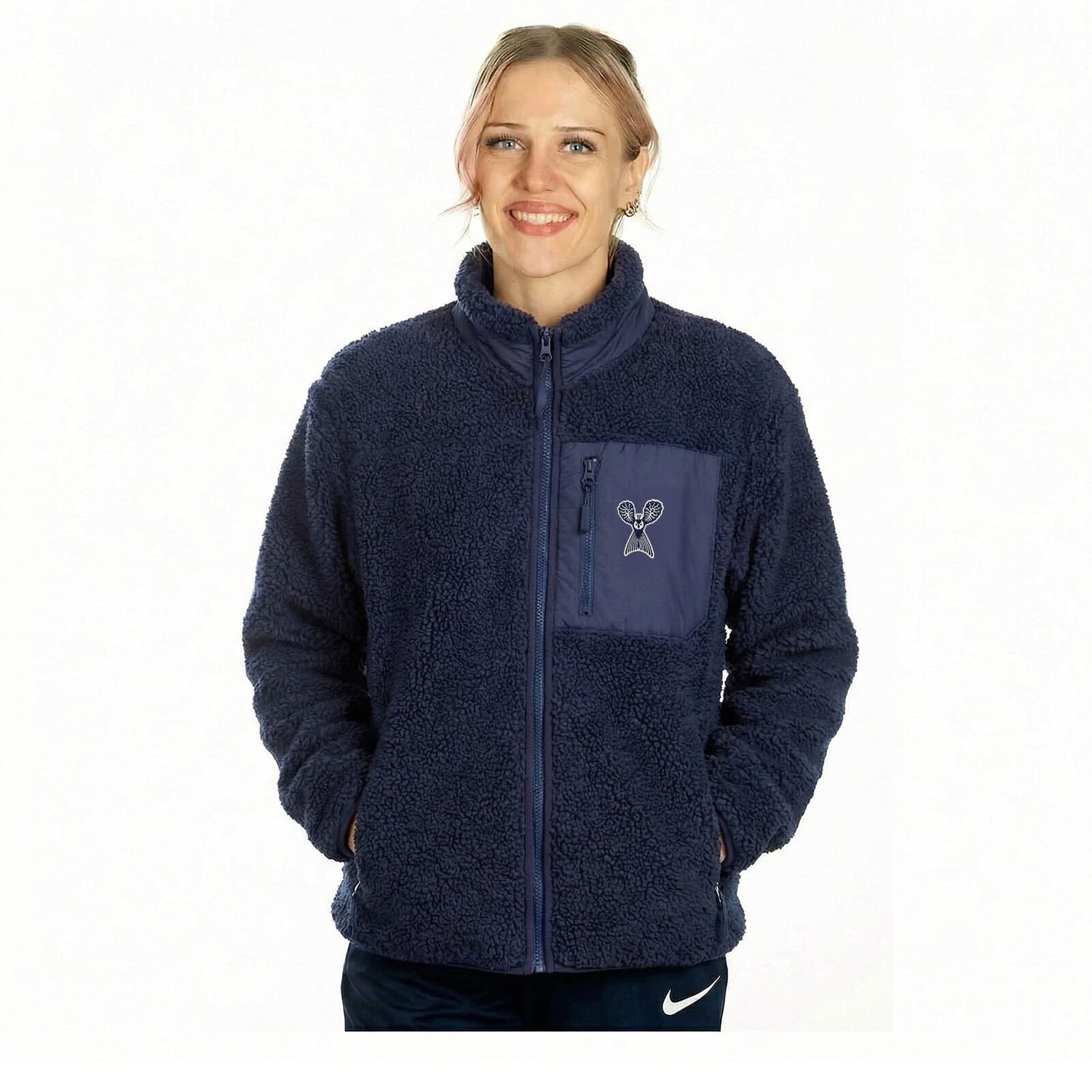 Embroidered Little Owl by Klaus Haapaniemi Sherpa fleece jacket, Navy